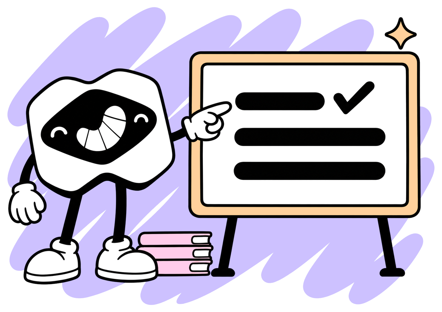 The Macaly mascot pointing at a board with a lesson list and a tick on it, a stack of books at its feet