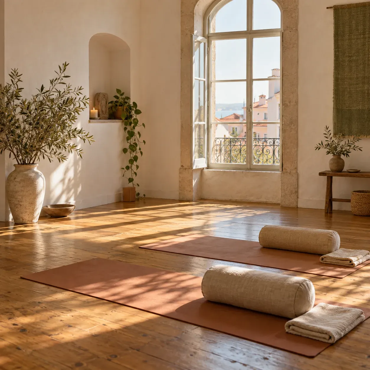 Quiet yoga studio prepared for a breathwork session