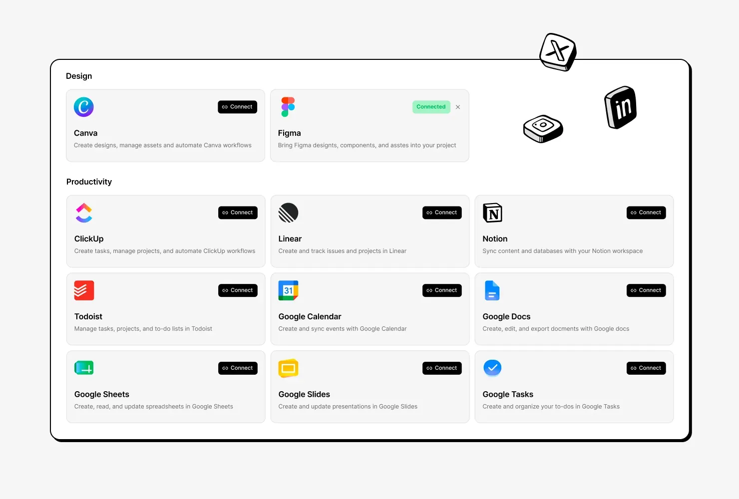 The Design and Productivity sections of the Macaly integrations catalog, with Figma connected and Connect buttons on Canva, ClickUp, Linear, Notion, Todoist and Google apps