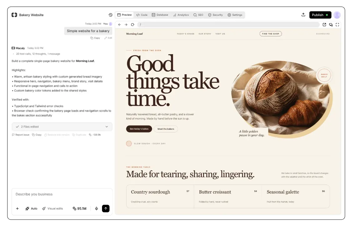 Macaly adding payments to a bakery site, then a test card paying for a butter croissant and the order being confirmed