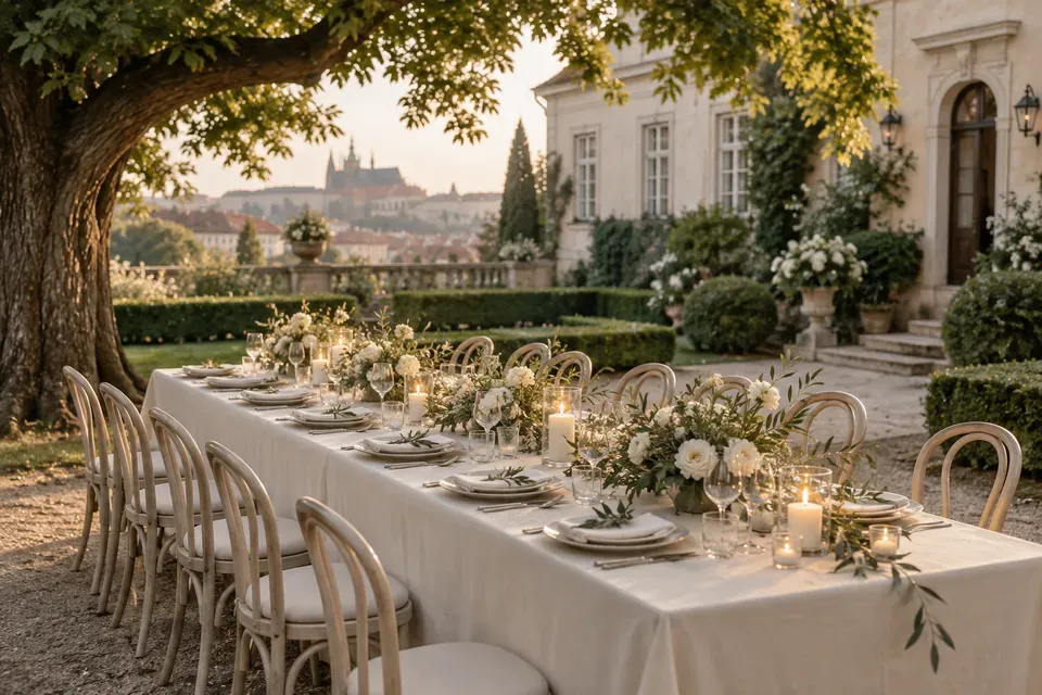 The reception tables set out in the garden