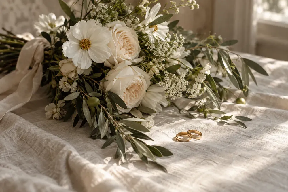 Flowers and rings on the table